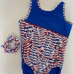 2 Plum gymnastic leotards with matching scrunchy
